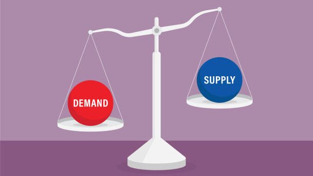 balance scale with "supply" on left and "demand" on right