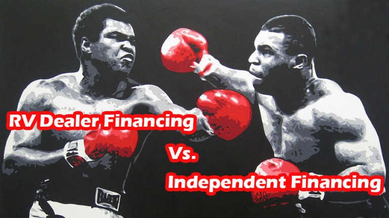 2 boxers with text Rv dealer financing vs independent financing