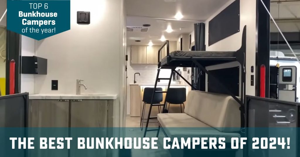 Bunks inside an RV with text "Best Bunkhouse Campers of 2024!"