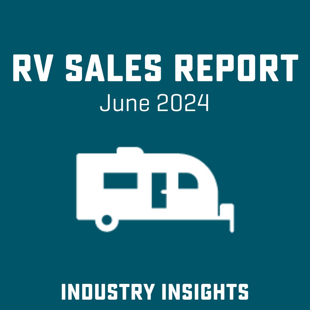 Clip art Travel Trailer Icon on Blue background with text "RV Sales Report June 2024"