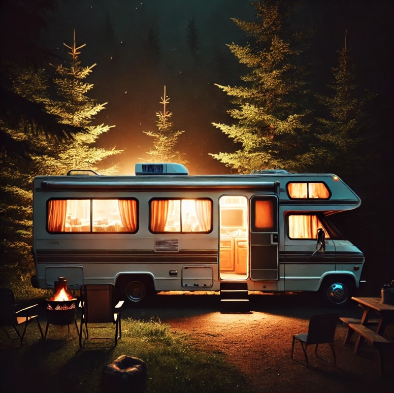 rv in the woods with light and electricity