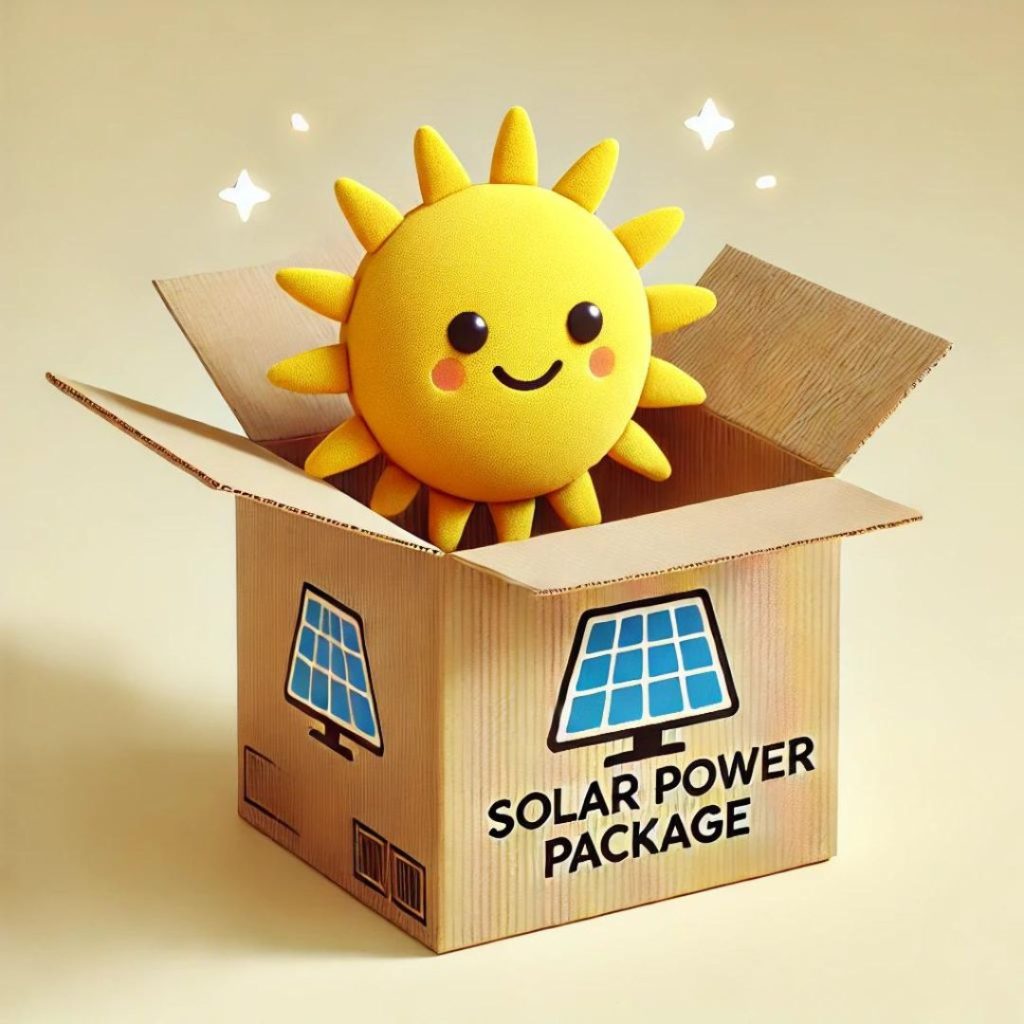 cartoon sun coming out of a box that says, "solar power package"