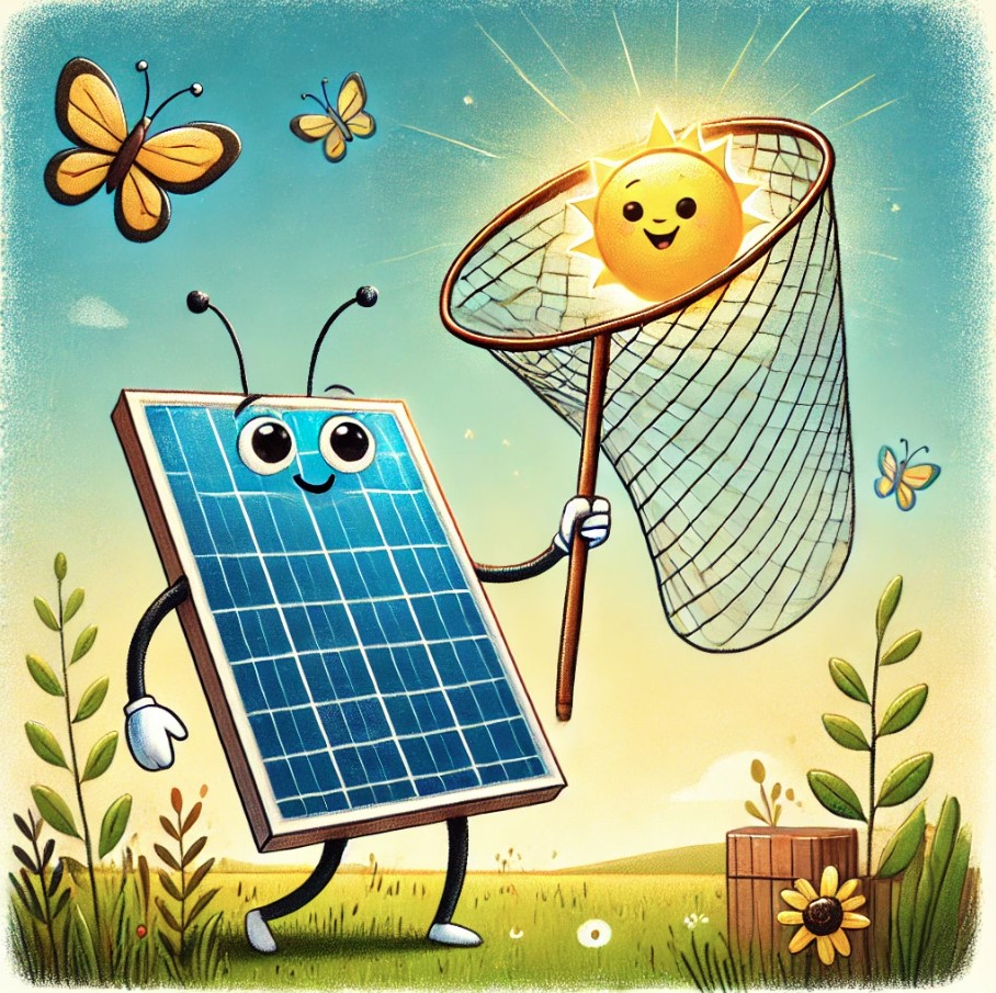 cartoon solar panel captures the sun in a net