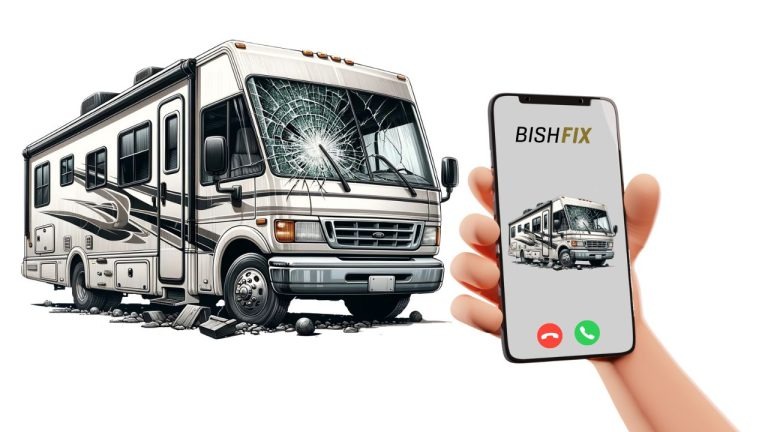 Broken RV with cell phone that says, "BishFix"