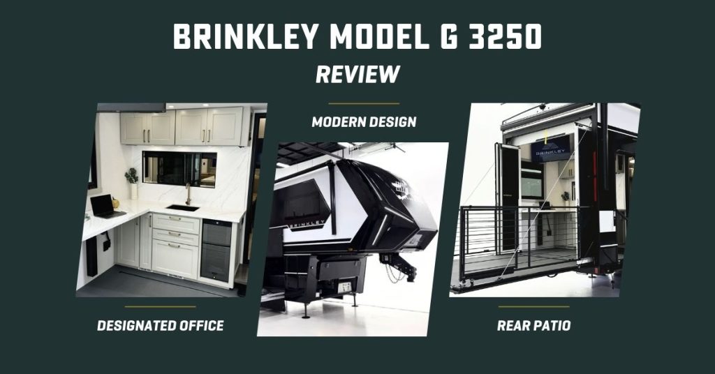 Three images of the G 3250 - the remote office desk setup, the front exterior and the rear patio -- text says, "Brinkley  G 3250 Review"