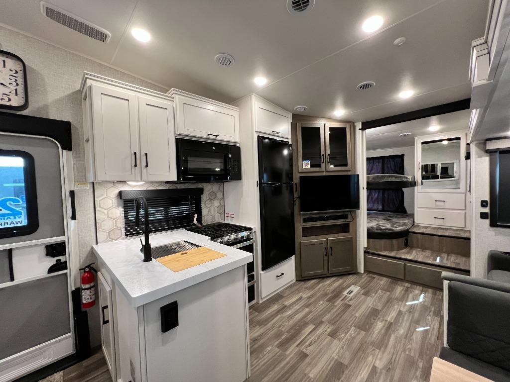 interior of an RV with the lights on