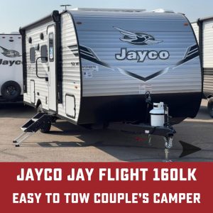 Jay Flight 160LK with text, "Easy to tow couple's camper"