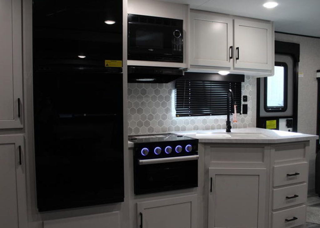 RV Kitchen with lights on