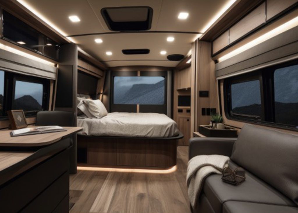 cabin of RV with lights on