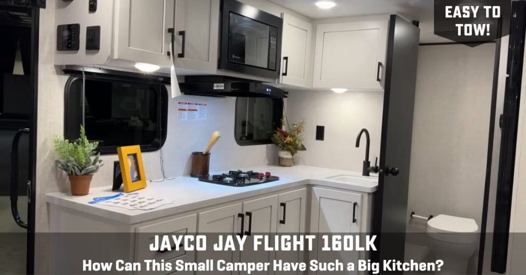 Kitchen of Jay Flight SLX 160LK with text, " How can this small camper have such a big kitchen?"