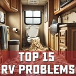 overflowing toilet with text, "Top 15 RV Problems"