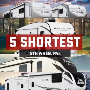 Front of 5 different fifth wheels, with text, "5 Shortest 5th Wheels"