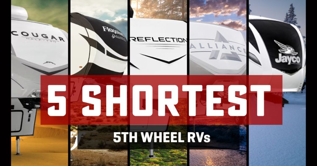 front of five fifth wheels with text, "five shortest fifth wheels"