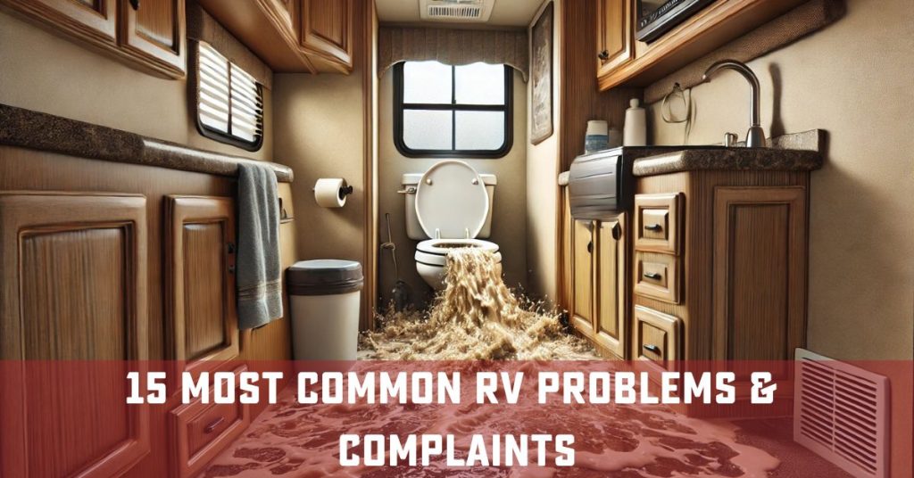 Over-flowing RV Toilet with text, "15 Most Common RV Problems and Complaints"