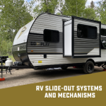 RV with its slide-out extension fully deployed, expanding the interior living space. Overlaid text reads: 'RV slide out systems and mechanisms.