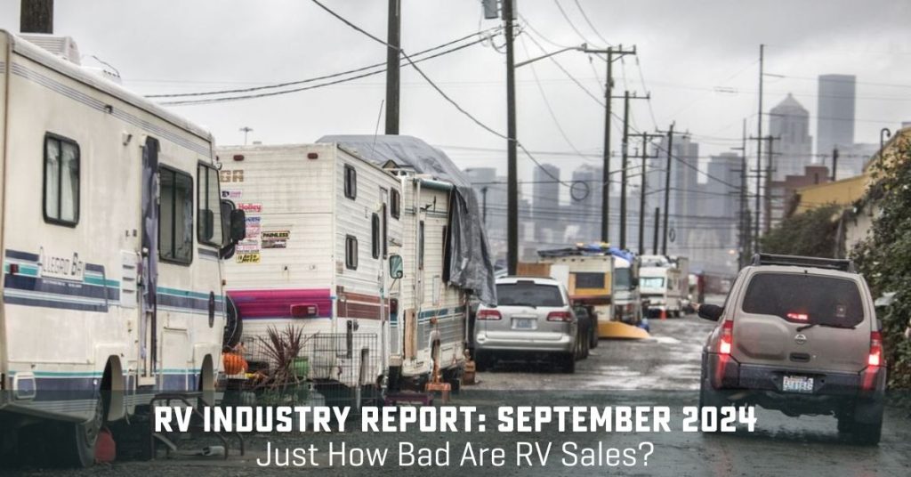 RVs parked on crowded street with text, "RV Sales Report. How bad are RV Sales?"