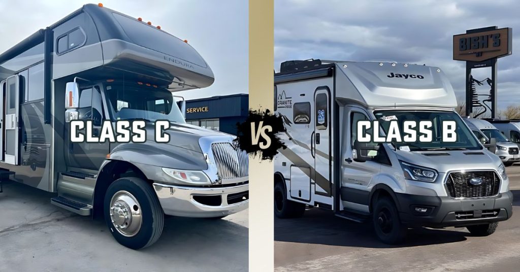 Class C RV beside Class B RV with text, "Class C vs Class B"