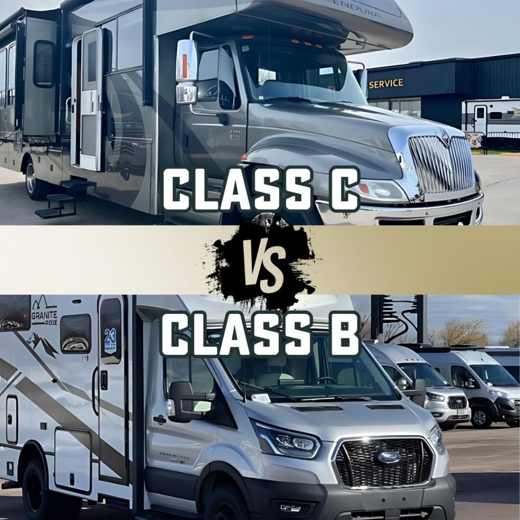 Class C RV and a Class B RV with text, "Class C vs Class B