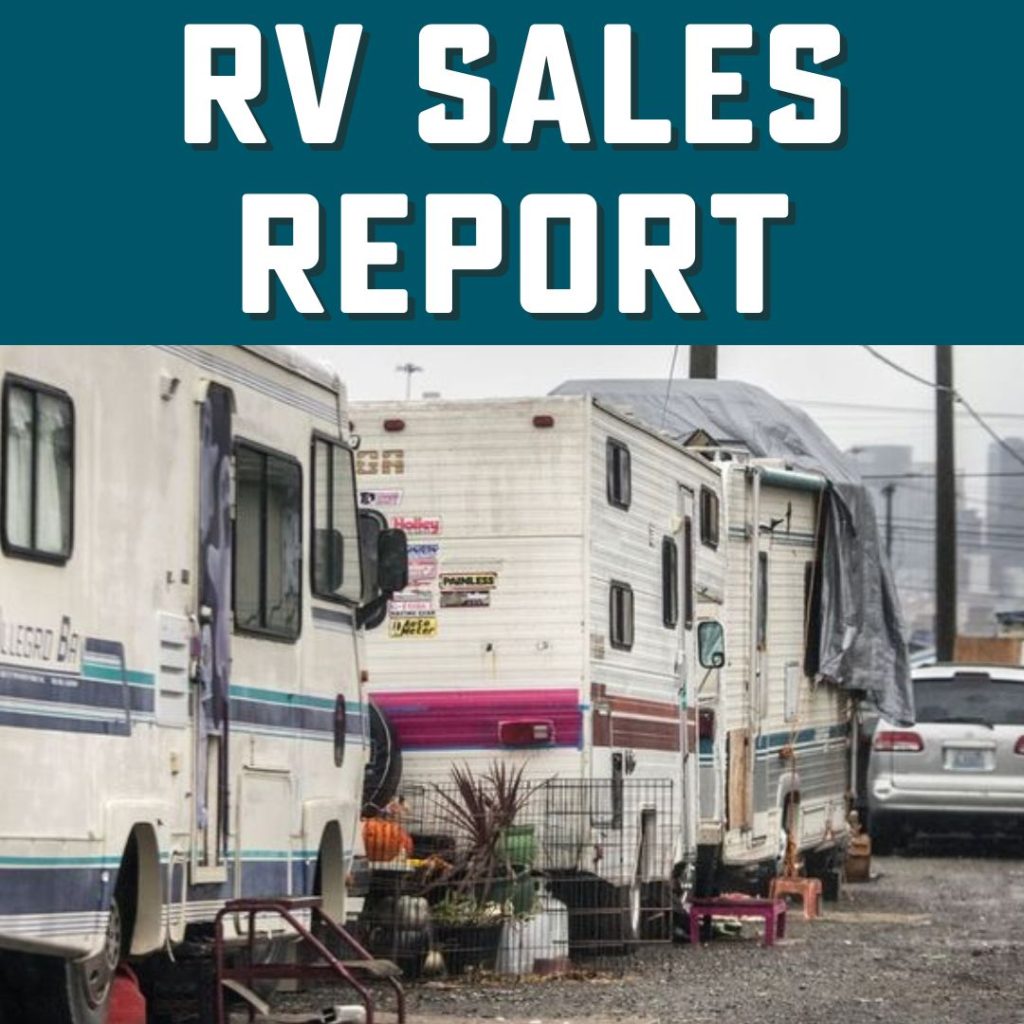 Rvs parked on street with text, "RV Sales Report"