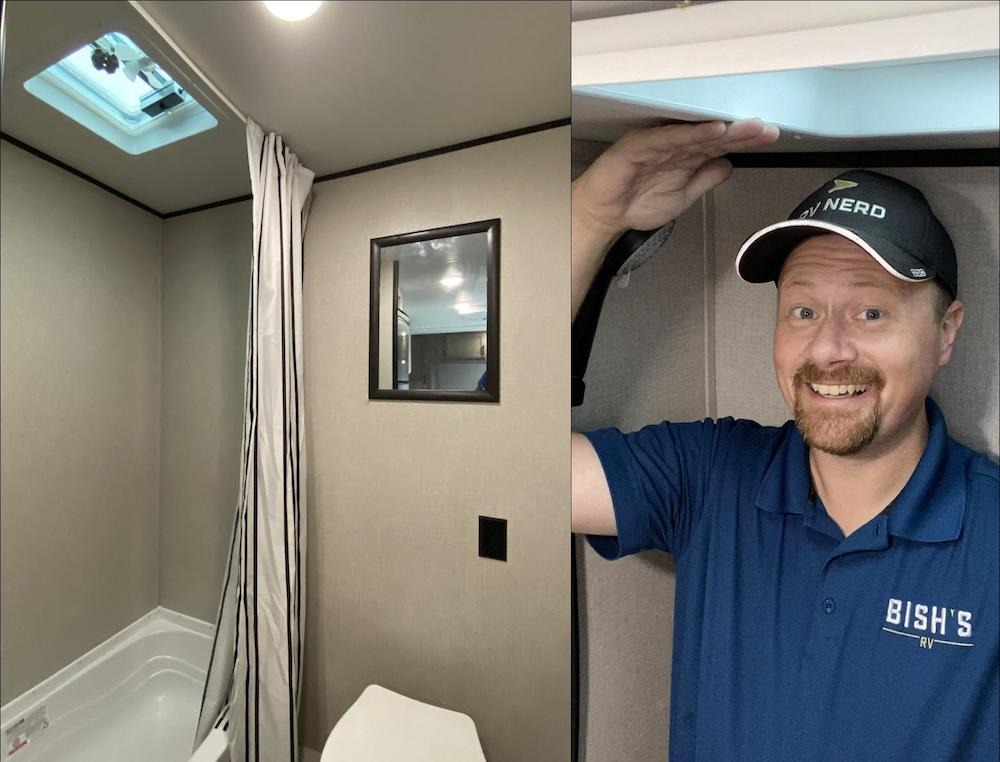 Josh the RV nerd showing the height of Go Play shower