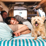 Couple laying in back of van RV with their dog