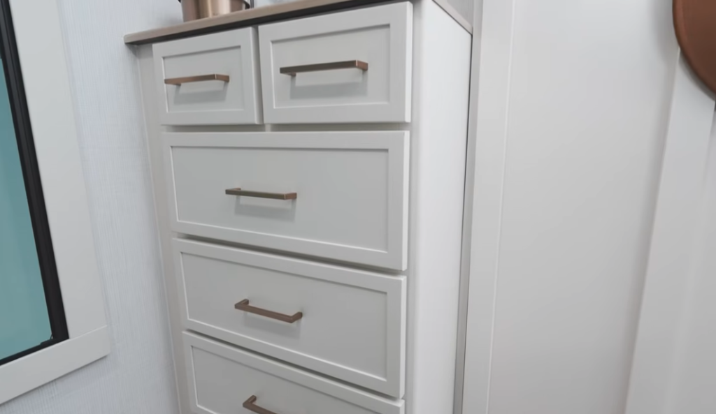 Photo of the dresser storage in the bedroom of the Brinkley Model I. 