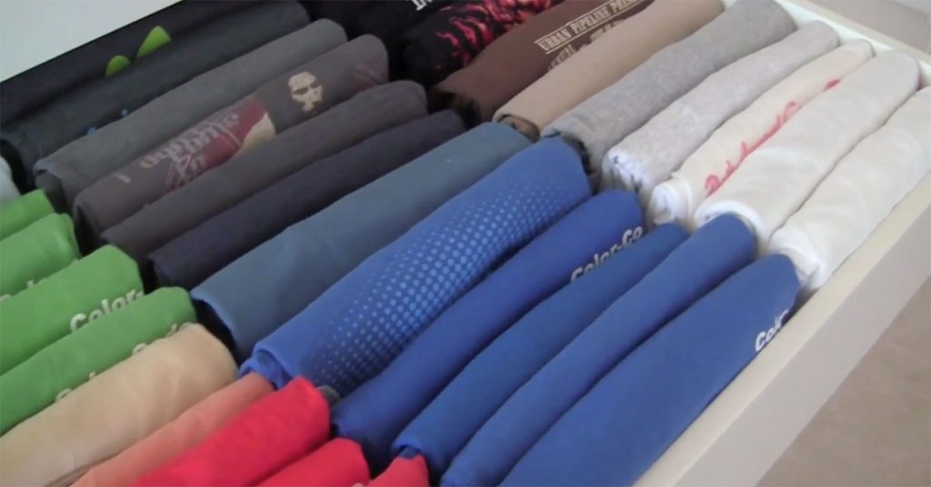 RV wardrobe with vertically folded shirts