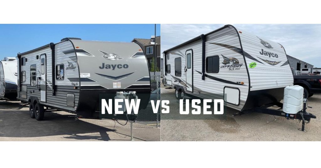 used jayco jay flight and new jayco jay flight side by side with text "New vs Used"