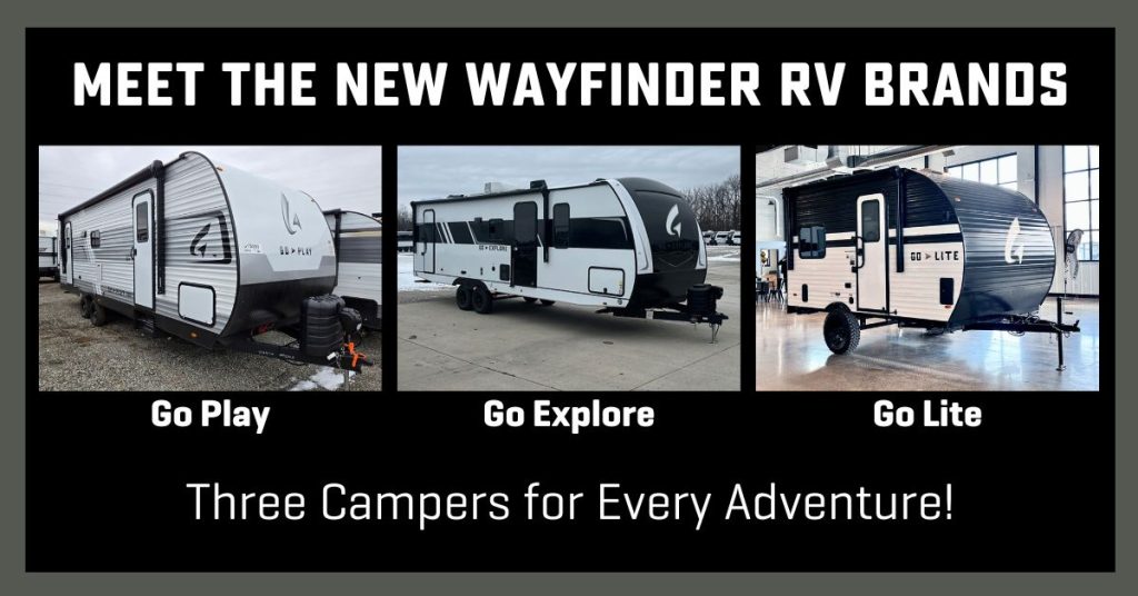 Three travel trailers with text, "Mee the new Wayfinder RV Brands"