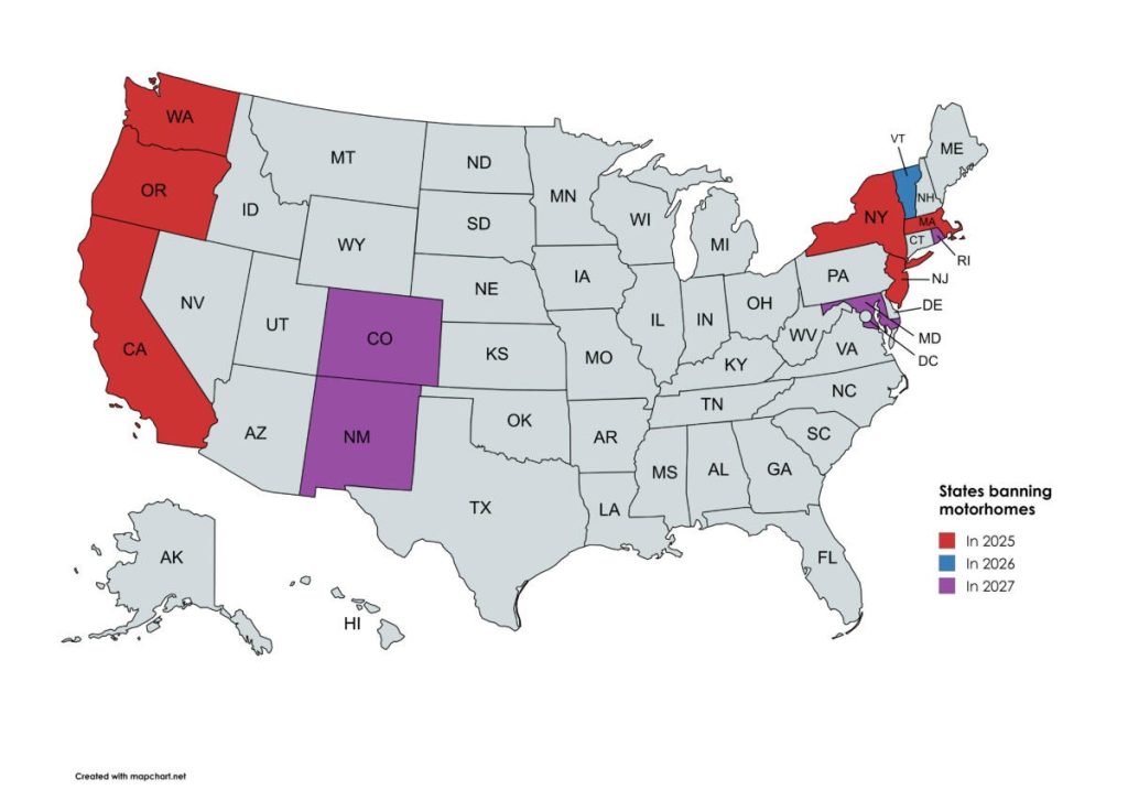 map of USA with WA, OR, CA. NY and MA highlighted in red because of upcoming ban