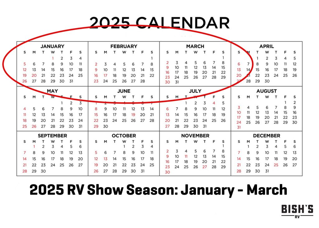 calendar with text: 2025 show season- Jan. - Mar.