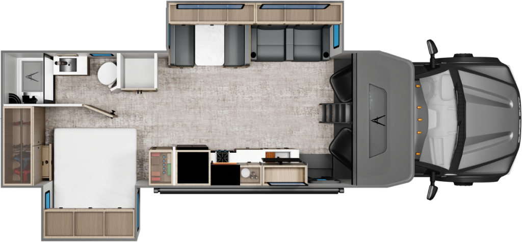 Floor plan of a motorhome showcasing an efficient layout with key areas including a bedroom with a queen-sized bed, a compact bathroom with a toilet and shower, a kitchen area with appliances and cabinetry, a living space with seating and a table, and the driver’s cab at the front. The design maximizes functionality and storage within a modern, open-concept interior.