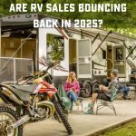 couple outside RV with text "Are RV sales bouncing back in 2025"