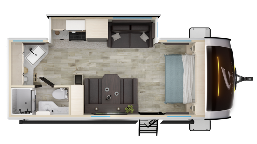 This floor plan for the GO Explore RV features a smartly designed layout, with a spacious queen-sized bed at the front, a central dinette that converts for extra sleeping space, and a rear area offering a kitchen and bathroom with modern amenities. The open flow maximizes functionality while ensuring comfort for family adventures.