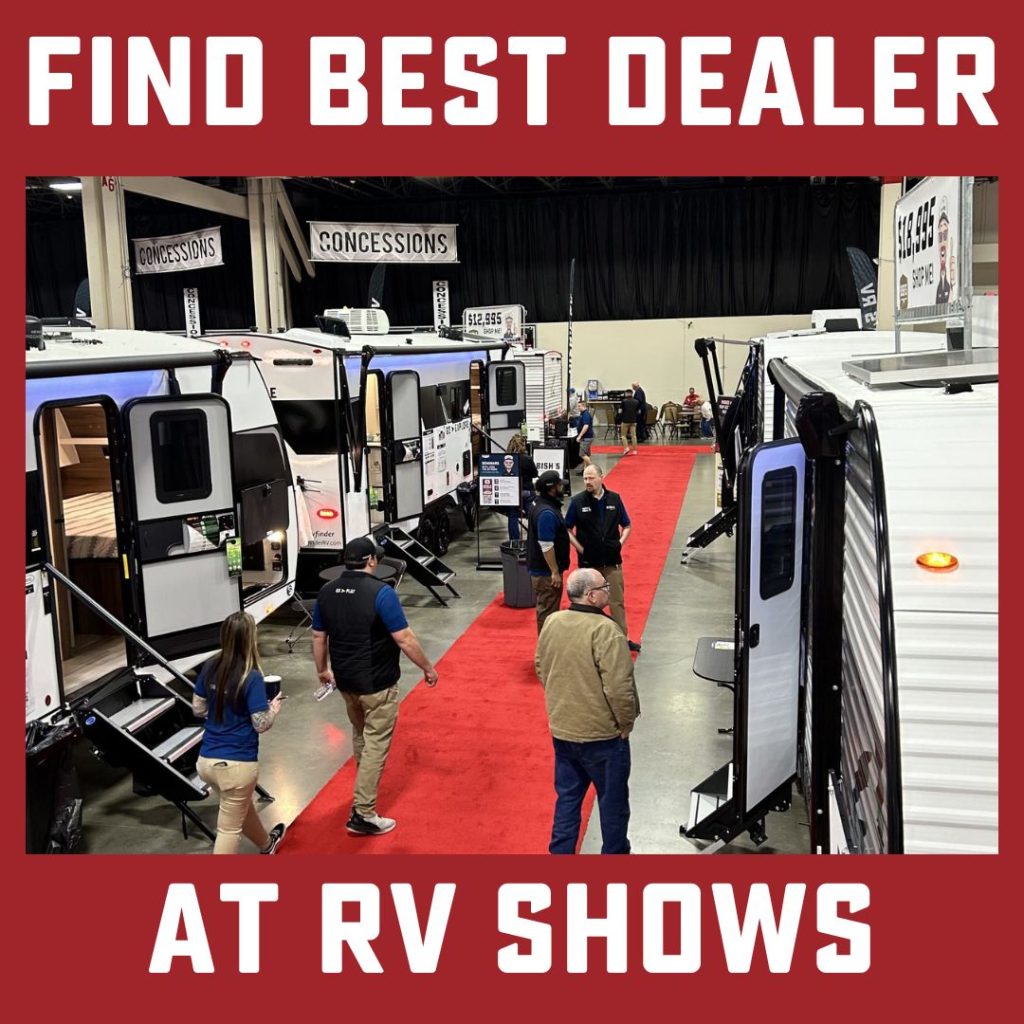 RV show with sales people and text "Find Best Dealer"