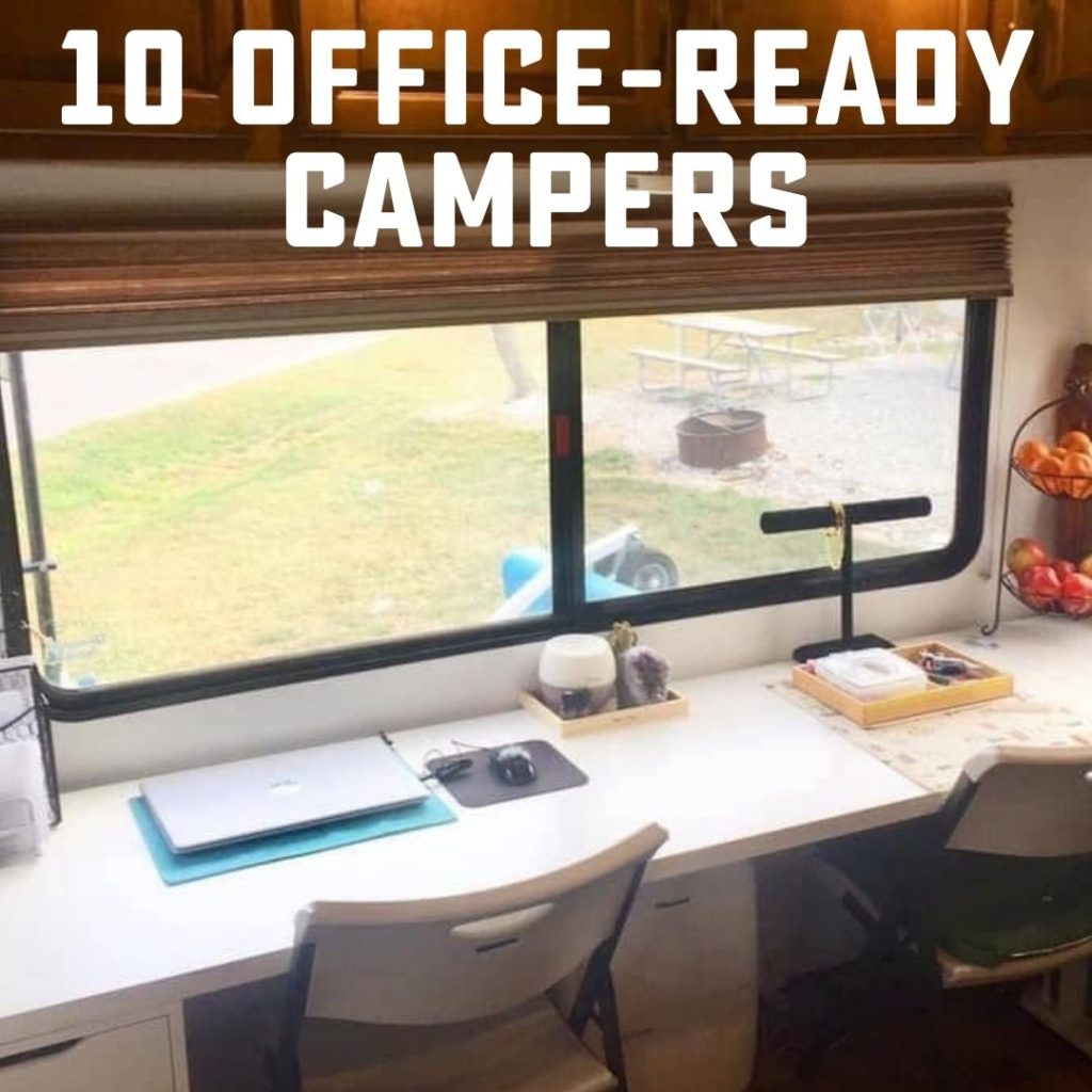 Desk in camper with computer, set up as a remote office