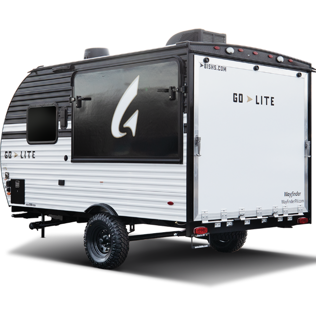 Rear view of a "GO LITE" travel trailer showcasing its off-road capability with rugged all-terrain tires, lifted suspension, and a compact single-axle design. The trailer has a sleek black and white exterior with a large tinted side window featuring the brand’s logo. The back features a ramp-style door, making it versatile for hauling gear or converting into a living space. A roof-mounted air conditioning unit is visible, along with exterior branding from Bish’s RV and WayfinderRV.com. This lightweight and durable camper is designed for adventurous travelers.